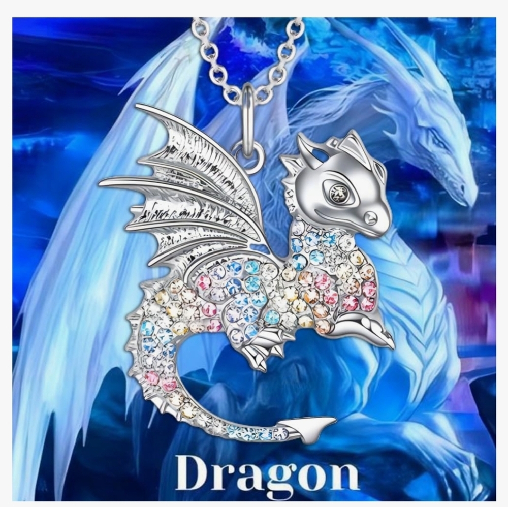 Colorful Crystal Fly Dragon Pendant Necklace for Women Cute Alloy Dragon Animal - Picture 2 of 5